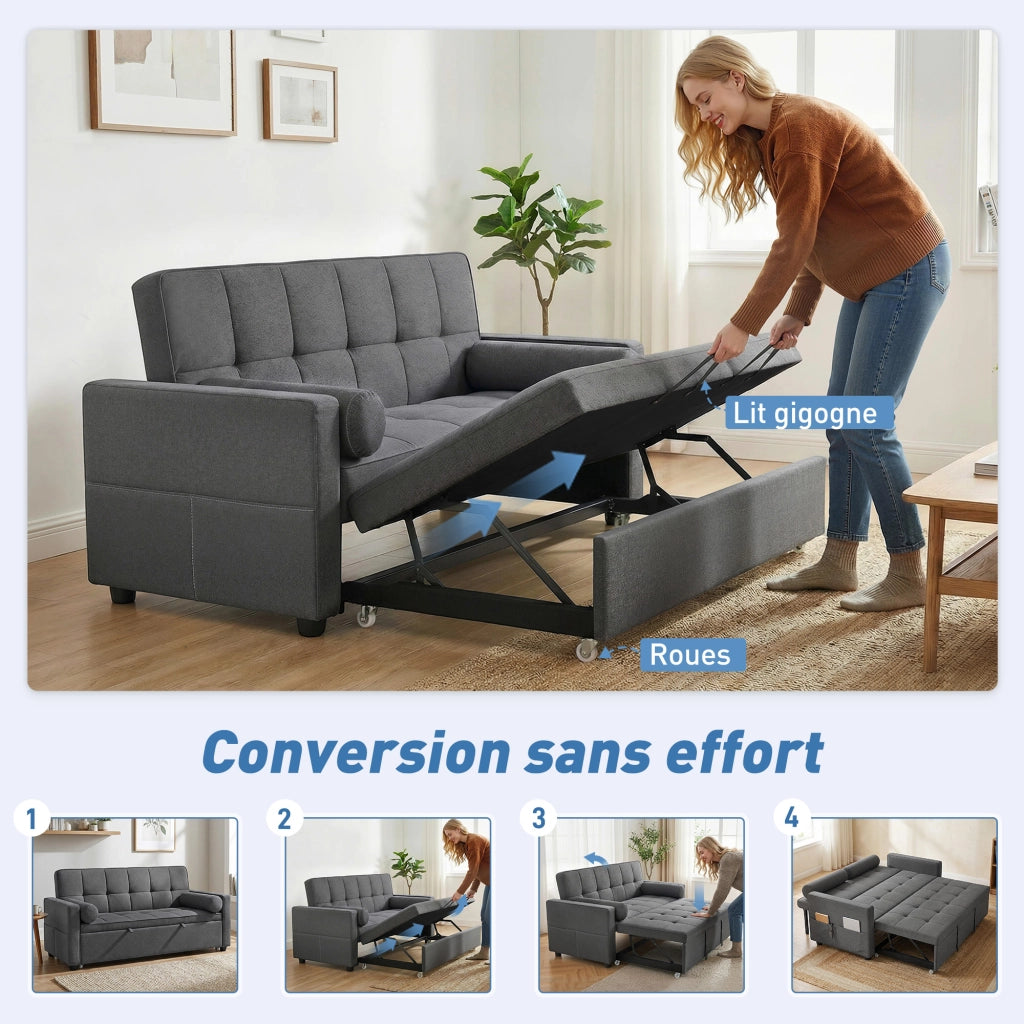 Divano letto 2 posti con letto gigogne e cuscini ¨C zephmum ¨C grigio 80,5x137,5x84 cm