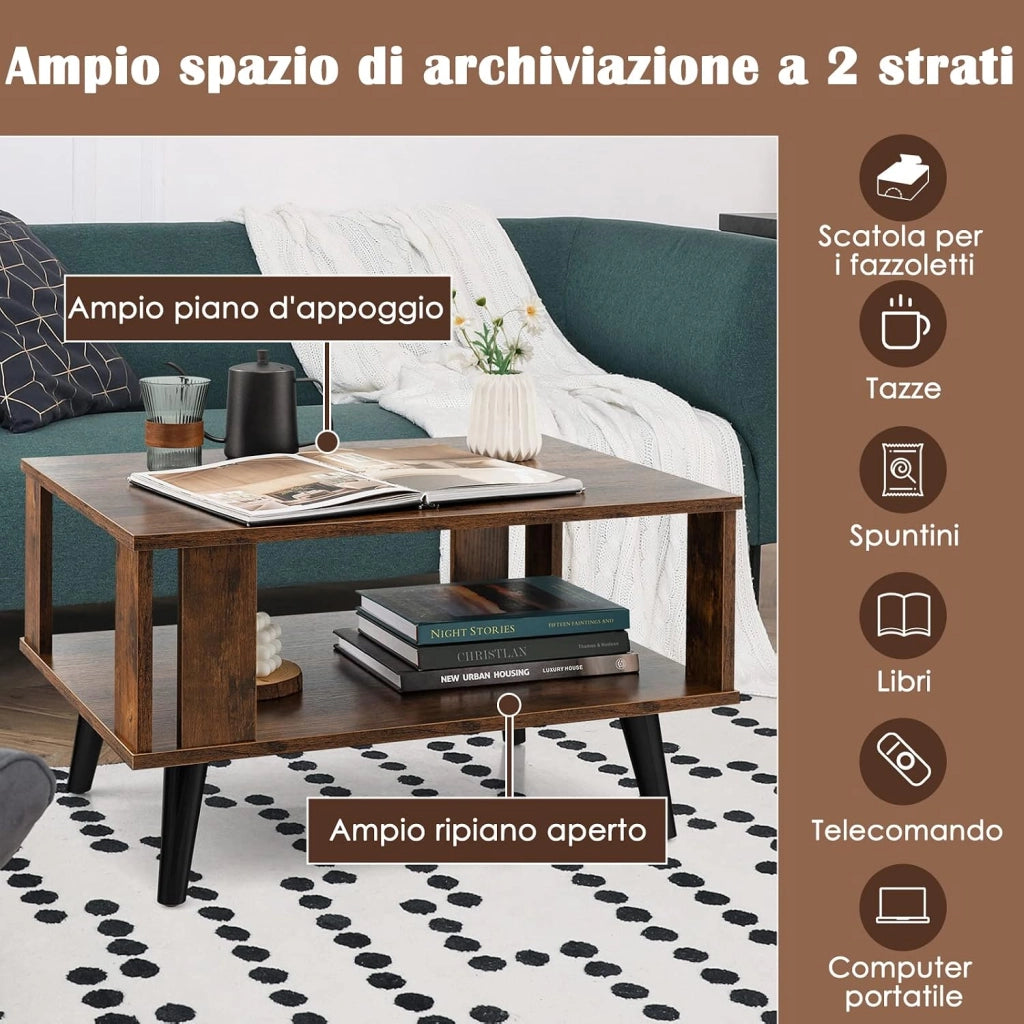 Tavolino da Salotto in Legno, Tavolino Centrale a 2 Livelli con Ripiano di Stoccaggio Aperto, Tavolino da Caffè Industriale e Moderno per Soggiorno e Ufficio, Portata 50 kg, 70 x 50 x 41cm