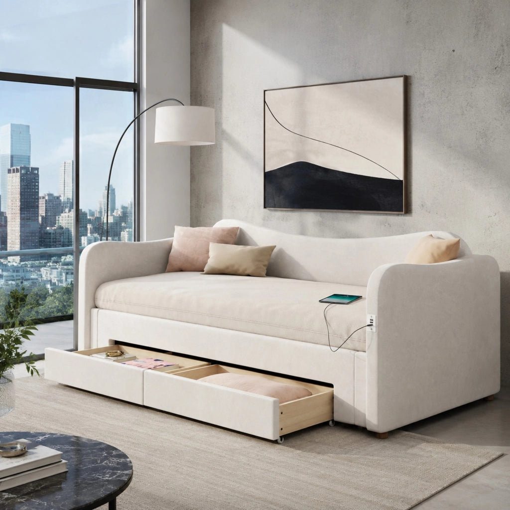 LETTO estraibile 90x200 cm fino a 180x200 cm con cassetti Velluto Beige USB