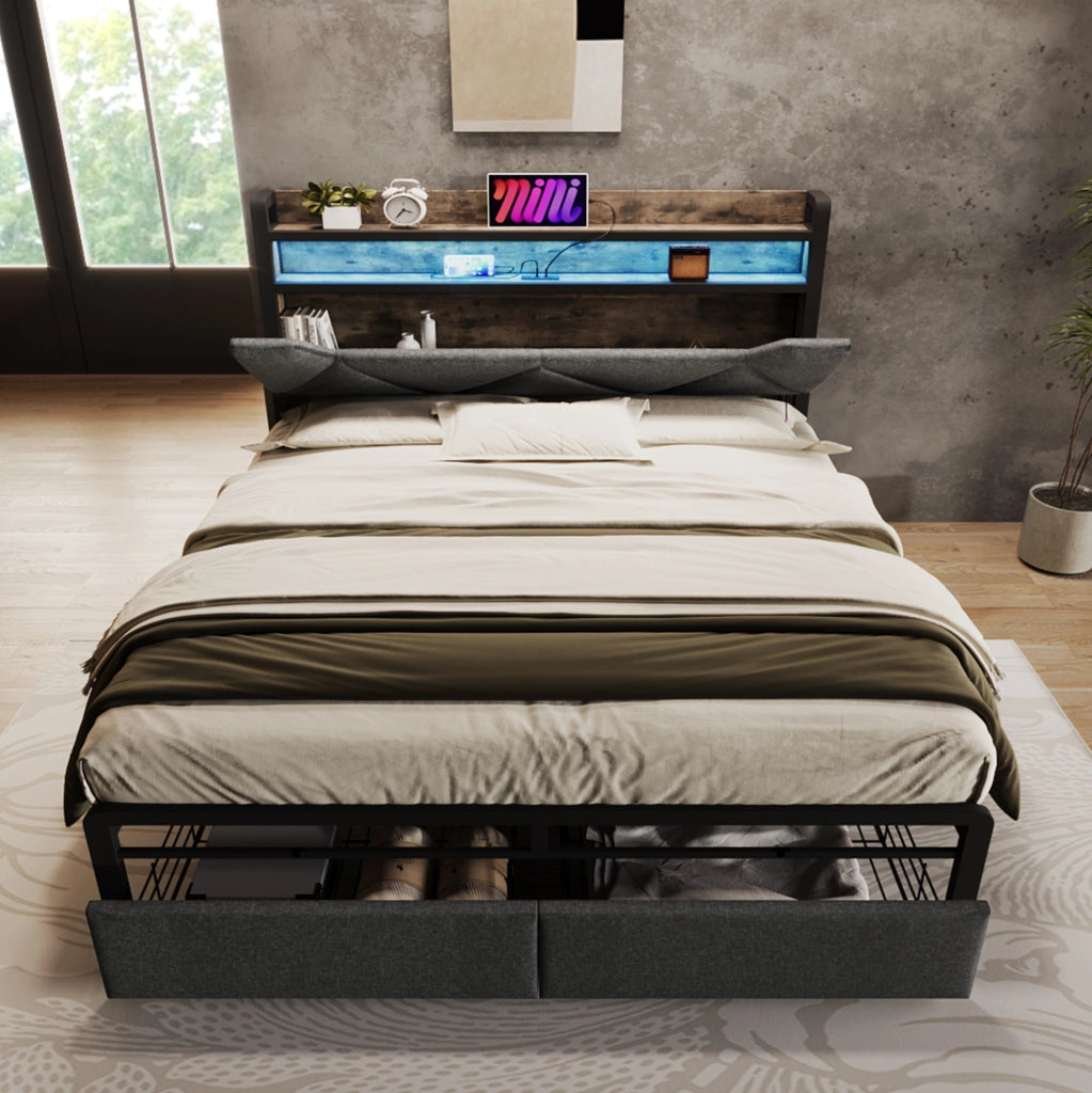 Letto 160x200 cm con LED; USB e Type-C; testiera contenitore; 2 cassetti; lino; grigio