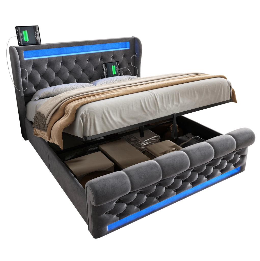 Letto matrimoniale imbottito 160x200 cm in velluto grigio con LED; USB e contenitore idraulico