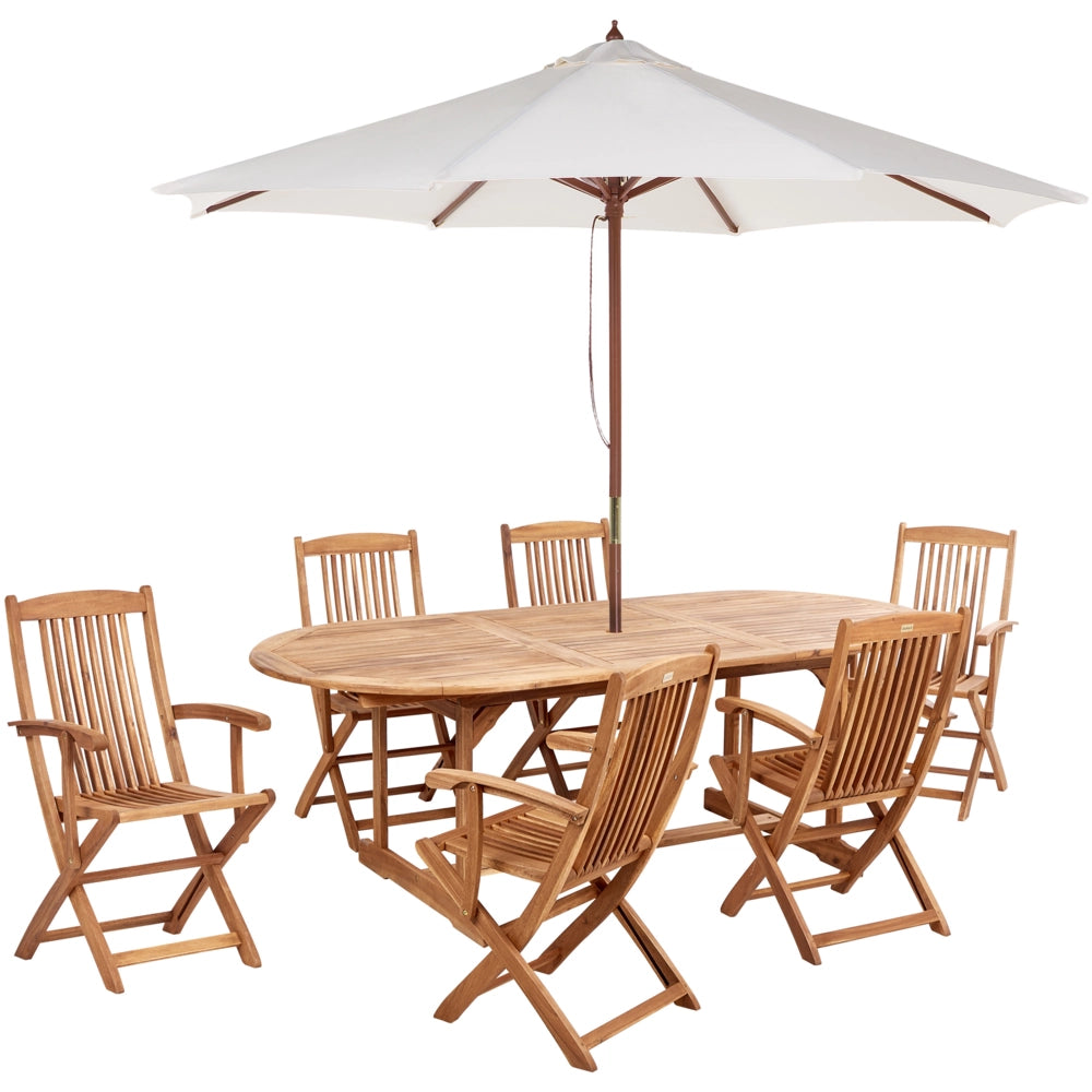 Set da pranzo per esterni in legno di acacia chiaro tavolo da 6 posti con ombrellone sedie pieghevoli design rustico