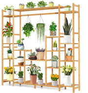 Scaffale per Piante in Bambù a 9 Livelli, Porta Fiori da Interno ed Esterno, Porta Vasi 2 in 1 con Barra e Dispositivo Antiribaltamento, 167 x 30 x 166 cm