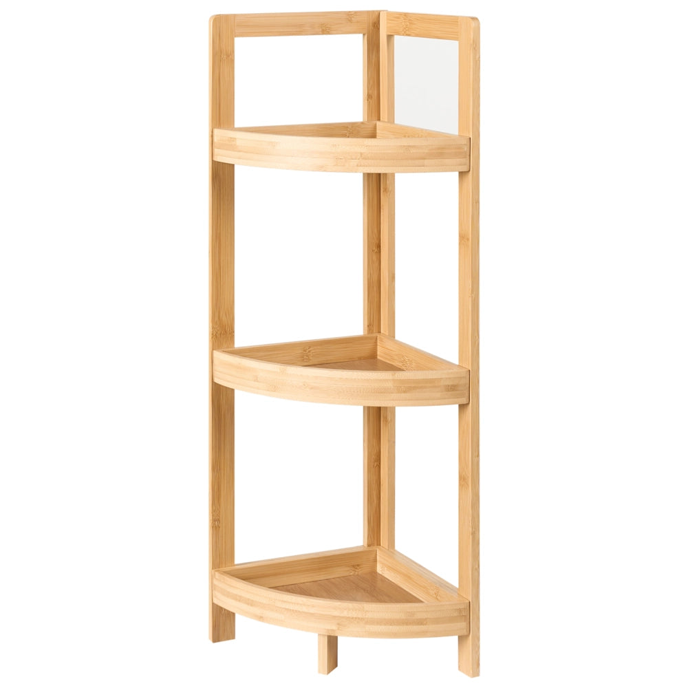 Scaffale angolare per bagno in bambù a tre ripiani Design marrone chiaro con cestino