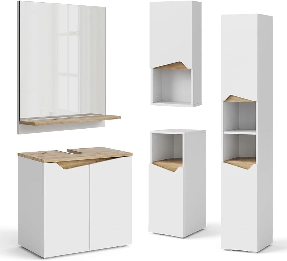Specchio contenitore bagno Marelle, Bianco/Artisan, 60 x 67 cm con ripiano, adatto per il montaggio a parete in ambienti umidi