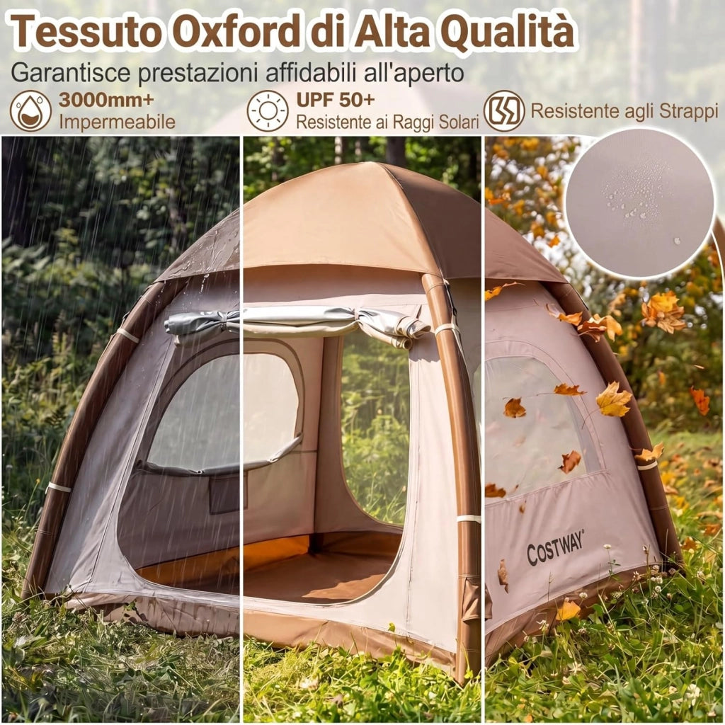 Tenda da Campeggio Gonfiabile per 4 Persone, Tenda da Spiaggia con Poma, 2 Porte, Lucernario e Finestre, in Tessuto Impermeabile, con Copertura Rimovibile e Borsa, 208 x 208 x 196 cm