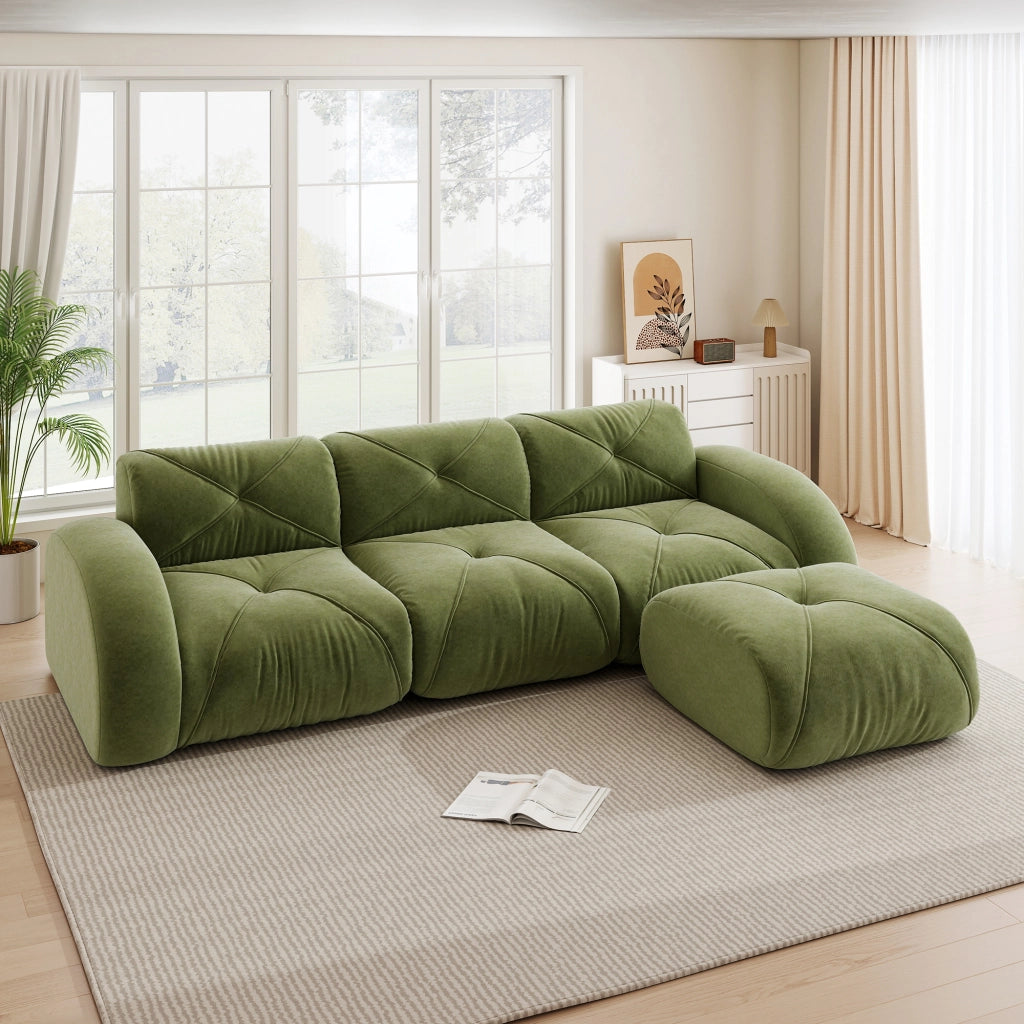 Divano modulare a L in chenille senza telaio con schiuma 32D e base antiscivolo, per soggiorno, verde