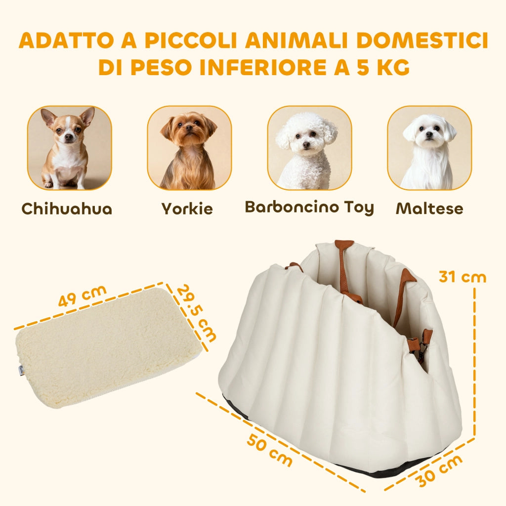 Seggiolino Auto per Cani Piccoli con Guinzaglio e Base Antiscivolo Convertibile in Borsa in Tessuto Oxford Crema
