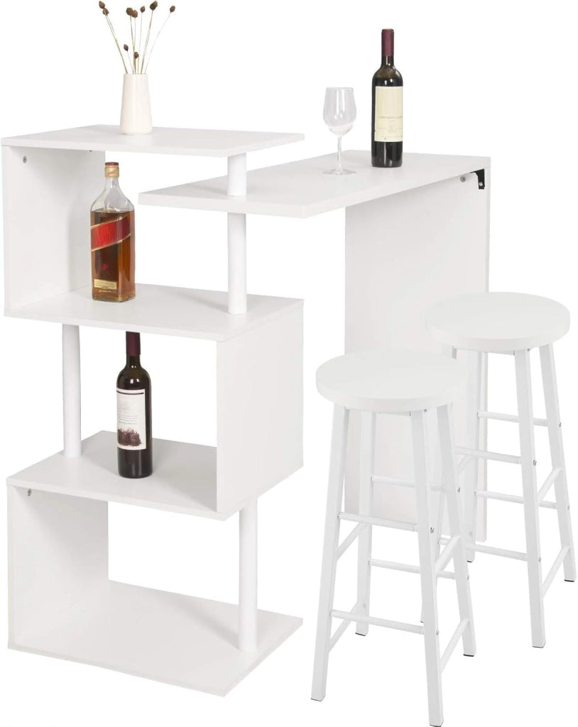 Tavolo con 2 Sgabelli Alti Set, Mobili da Bar Bancone con ripiano portaoggetti, Tavolo Alto con Sedia in Acciaio Legno per Cucina, Bianco