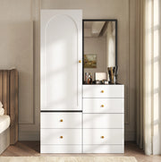Armadio con specchio intero; sgabello estraibile e 4 cassetti in MDF; nero e bianco