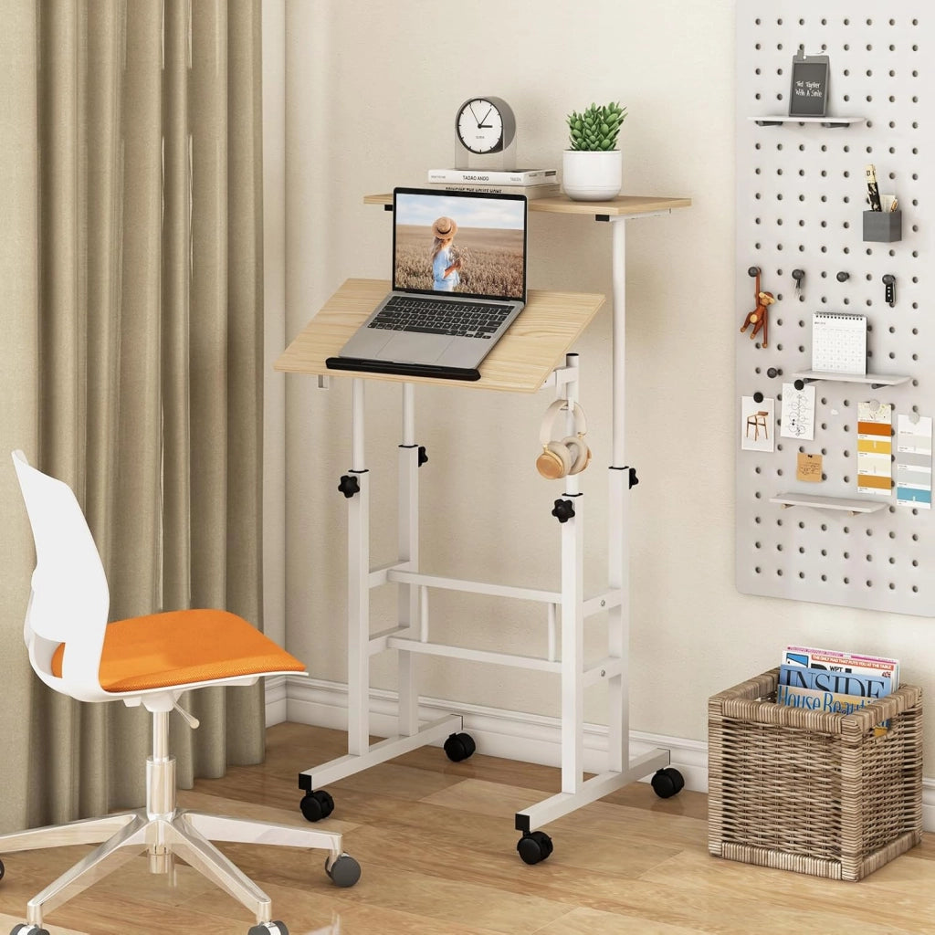 Scrivania per Computer Regolabile in Altezza, Postazione di Lavoro per Computer con Ruote e Ganci, Tavolo Porta PC per Studio e Ufficio, 60 x 60 x 72-124 cm (Naturale)