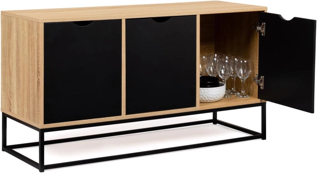 Credenza bassa a 3 ante, nera, design industriale BOSTON
