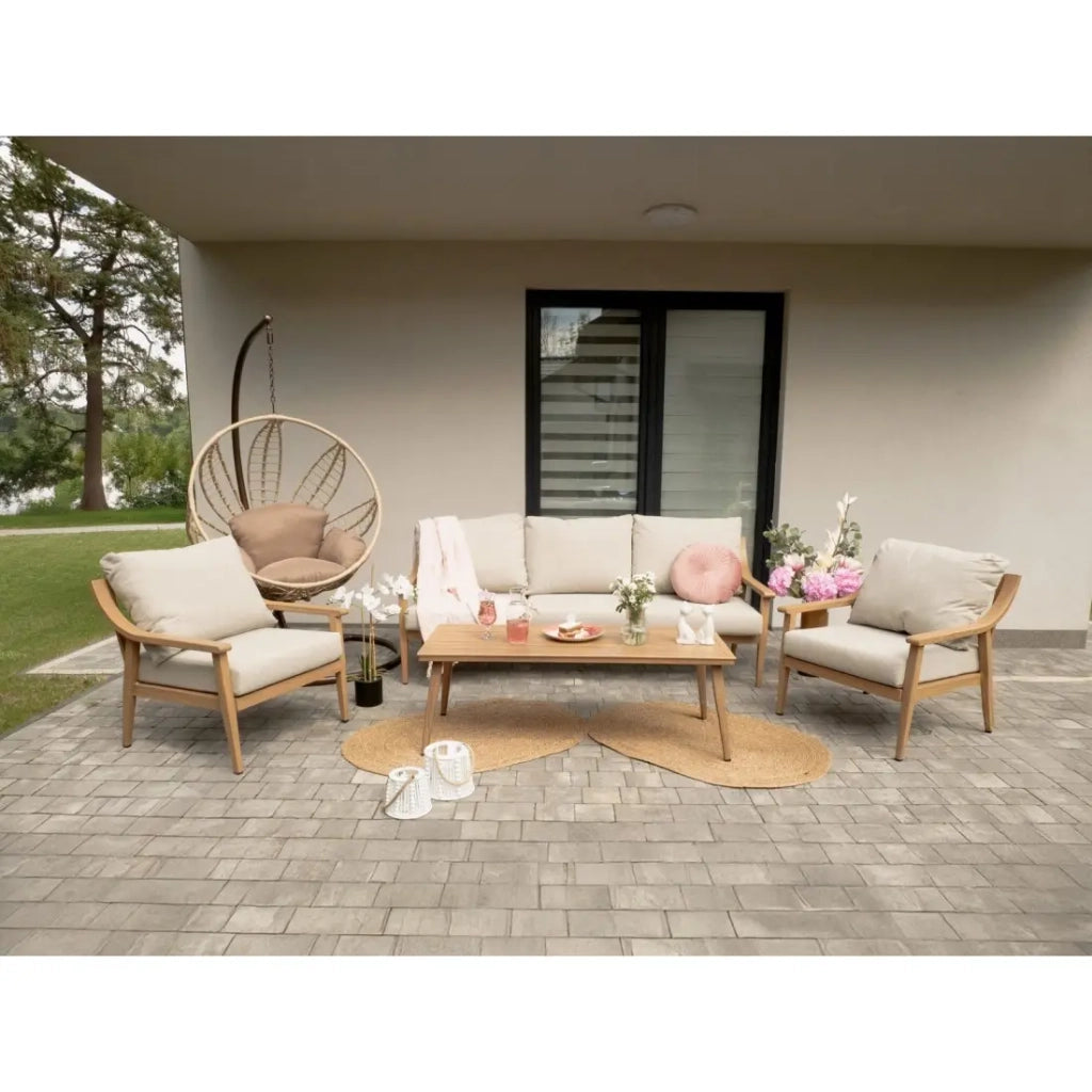 Salotto da giardino ELVORA 5 posti in alluminio effetto legno con divano a 3 posti, poltrone e tavolino