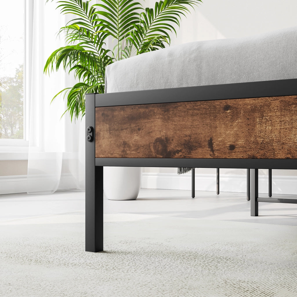 Struttura letto 120 × 200 cm con testiera contenitore; LED; USB e presa; metallo e MDF marrone antico