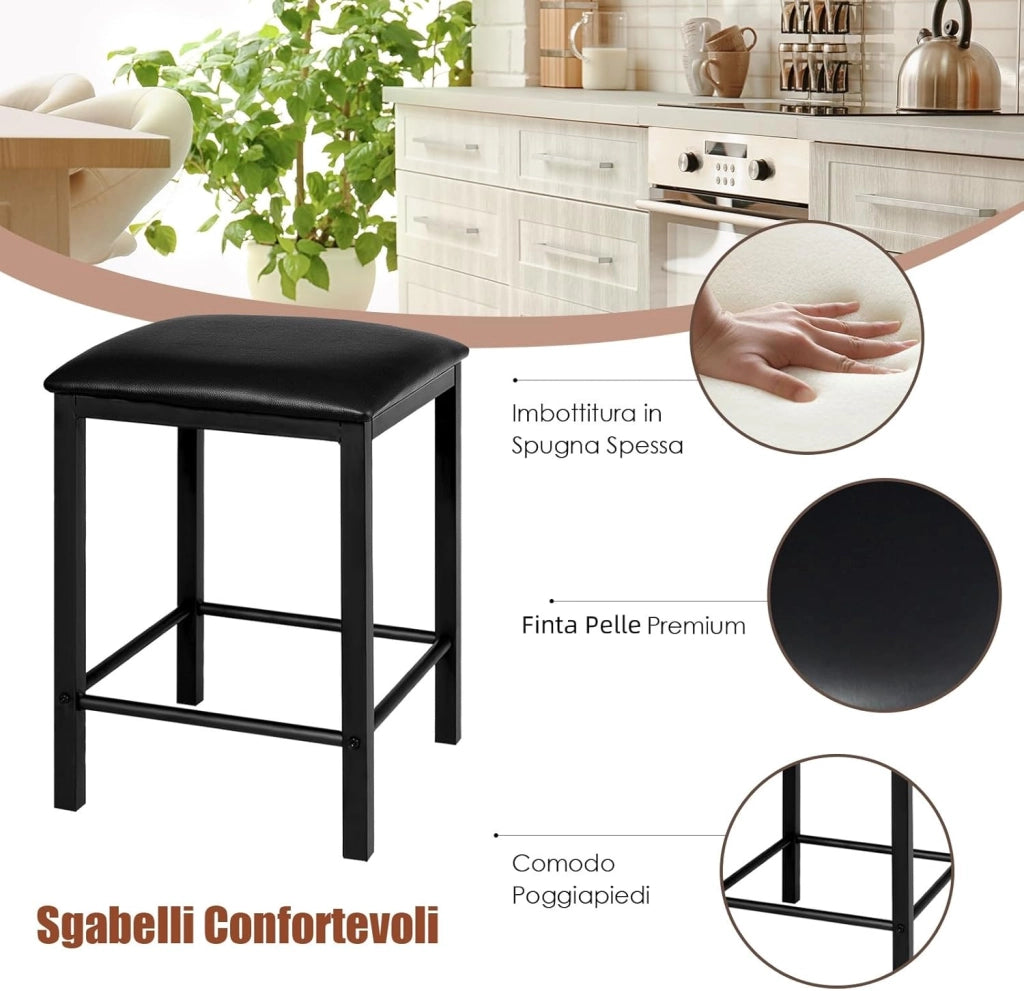 Tavolo Cucina con 2 Sgabelli, Tavolo Alto con 2 Sgabelli Senza Schienale in Similpelle da Cucina, Sala da Pranzo e Soggiorno, Tavolo Bar con Sgabelli Moderno per Spazi Piccoli (Nero)
