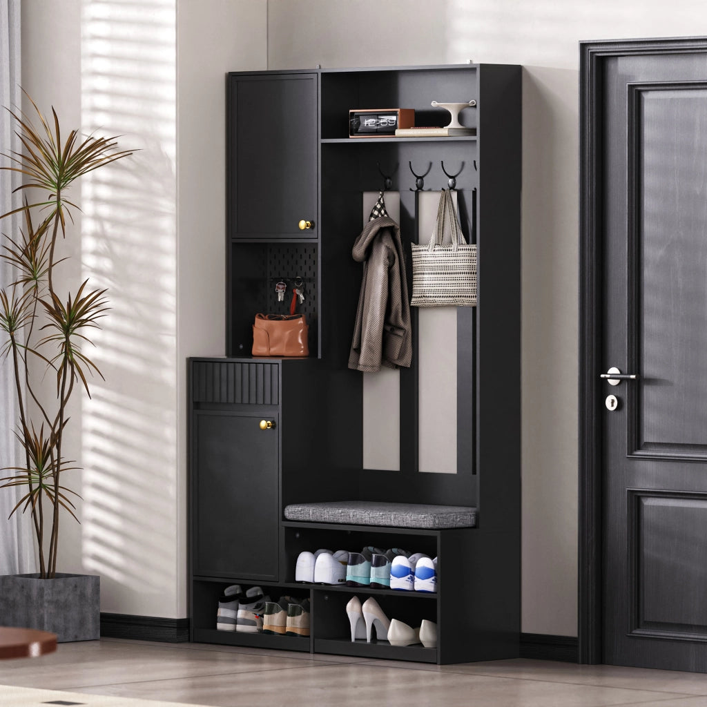 OKWISH Mobile da Ingresso con Panchina, 4 Ganci, Armadietto, 2 Cassetti e Vani Aperti, per Ingresso, MDF, Nero, 100 x 35 x 180 cm