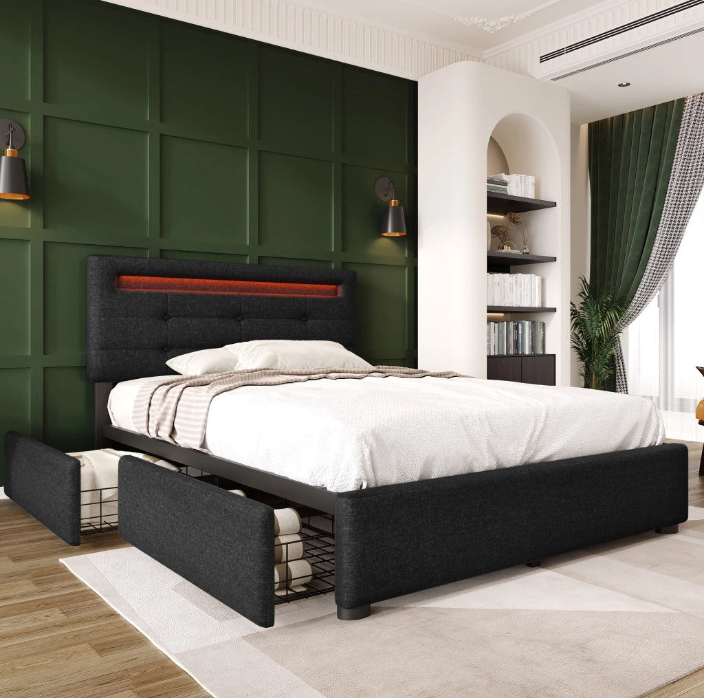 Letto singolo imbottito 90x200 cm con illuminazione LED, 2 cassetti e testiera regolabile grigio