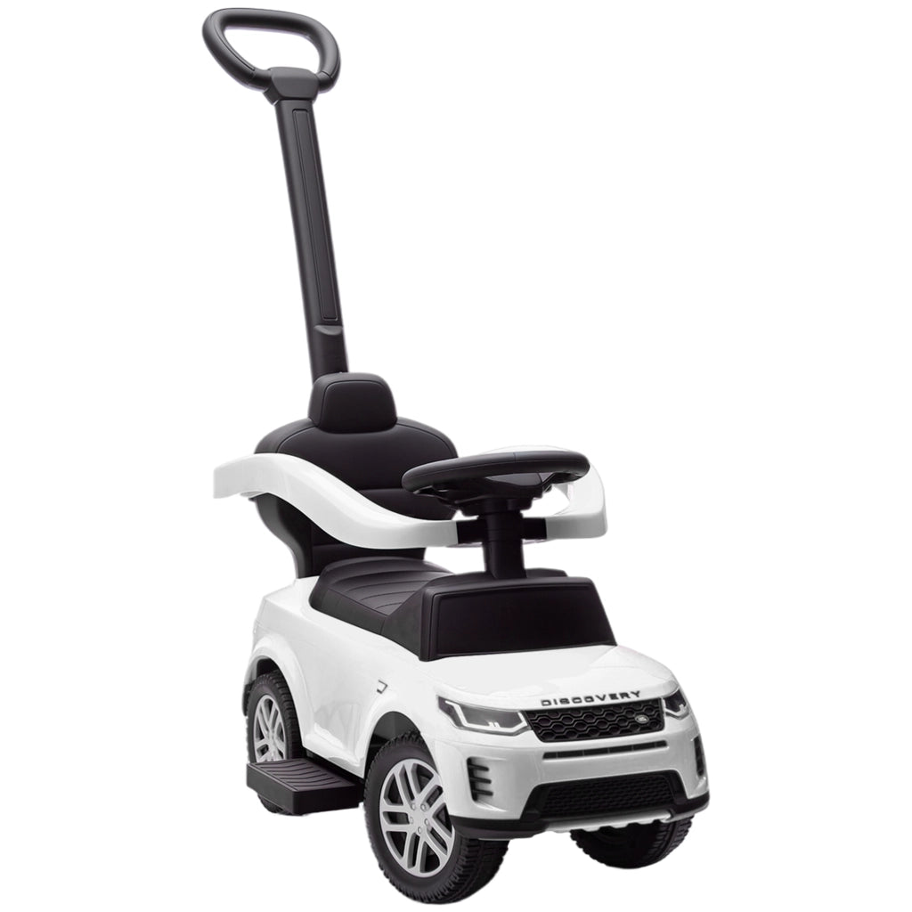 Macchina Cavalcabile Land Rover ¨C Xylo ¨C con Maniglia e Barriera, PP e Acciaio, Bianco