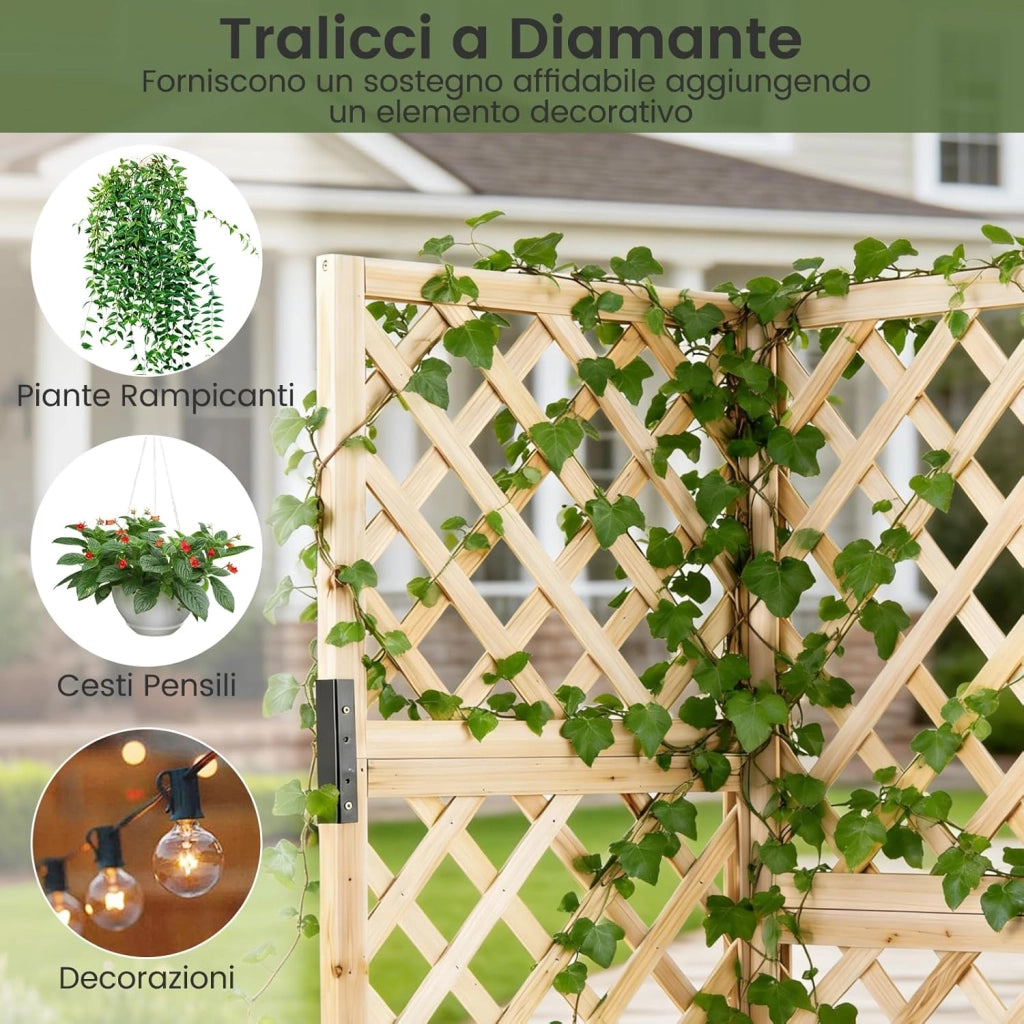Letto da Giardino Rialzato ad Angolo con Traliccio e Fori di Drenaggio, Fioriera in Legno Elevata per Piante Rampicanti, Fiori e Verdure, Ideale per Interno ed Esterno (Naturale)