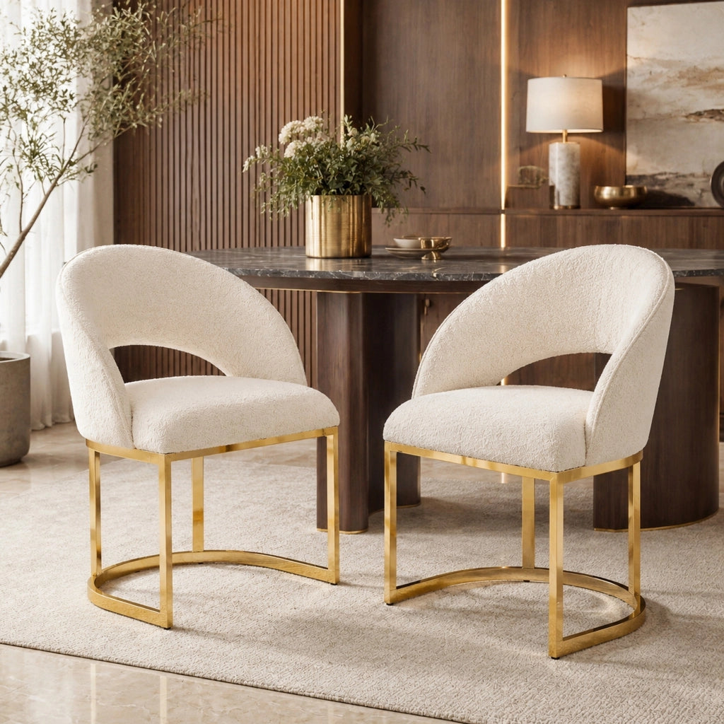Set di 2 sedie da pranzo 67.01x61.01x53.19 cm con rivestimento bouclé e gambe in metallo beige e oro