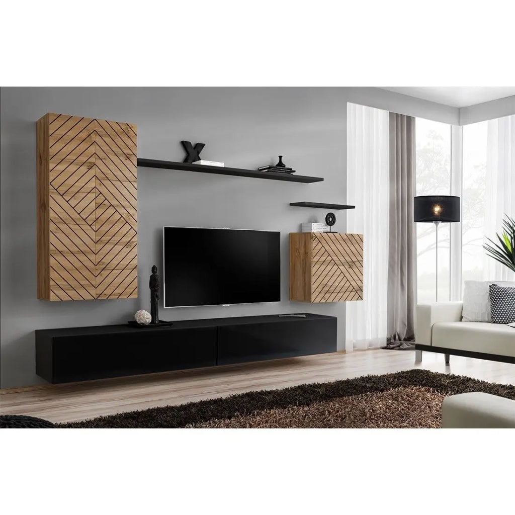 Set mobile soggiorno SWITCH II - Rovere Wotan e Nero - Finiture effetto rovere fresato e nero lucido - Design moderno