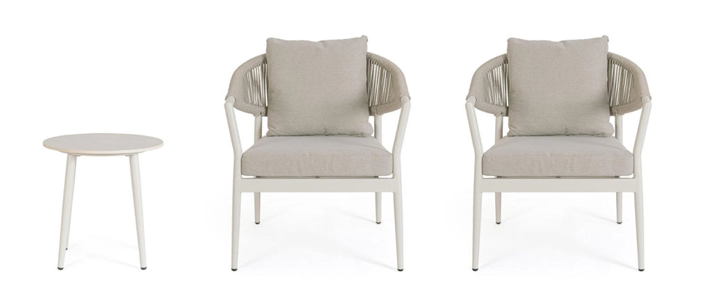 Set 3 Pezzi Salotto da Giardino con 2 Poltrone e Tavolino in Alluminio Corda Poliestere e Pietra Sinterizzata Millor