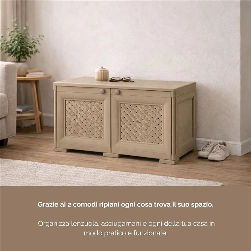 ARMADIO BASSO 79X43X46 CM CON ANTA TRAFORATA, MOBILE TV E CONTENITORE IN PLASTICA PER INTERNO ED ESTERNO COPERTO