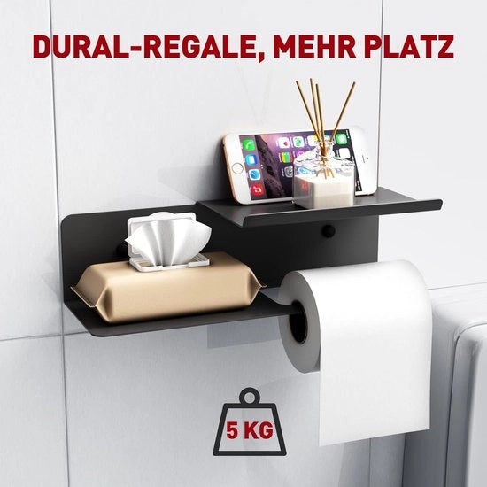 Sostegno per carta igienica con doppia lastra, contenitore per carta igienica inclusivo di ripostiglio per asciugamani umidi, 30 x 10 cm, contenitore per carta igienica, per fissaggio tramite foratura e adesivo self-lock, per bagno e cucina, nero