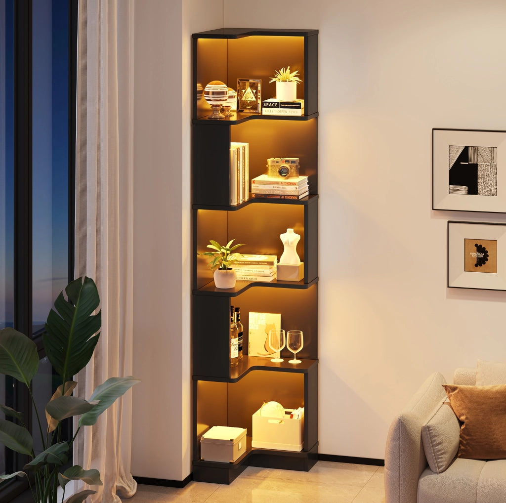 Libreria angolare a 5 ripiani in MDF con LED RGB controllabili tramite app, nera