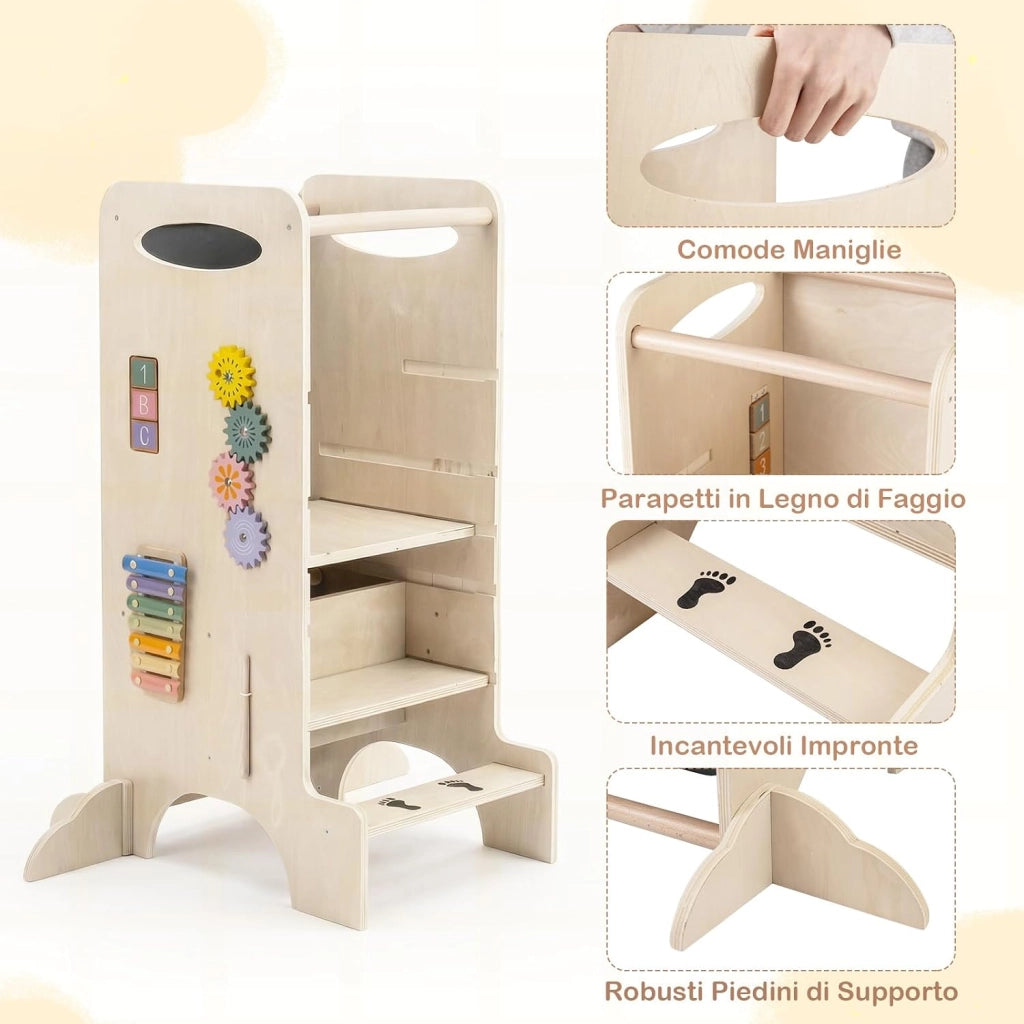 Torre Montessoriana in Legno Bambini, Torre di Apprendimento 3 Altezze Regolabili con Giochi Educativi e Lavagna, Corrimano Sicurezza e Piedini Antiribaltamento, per Cucina e Bagno