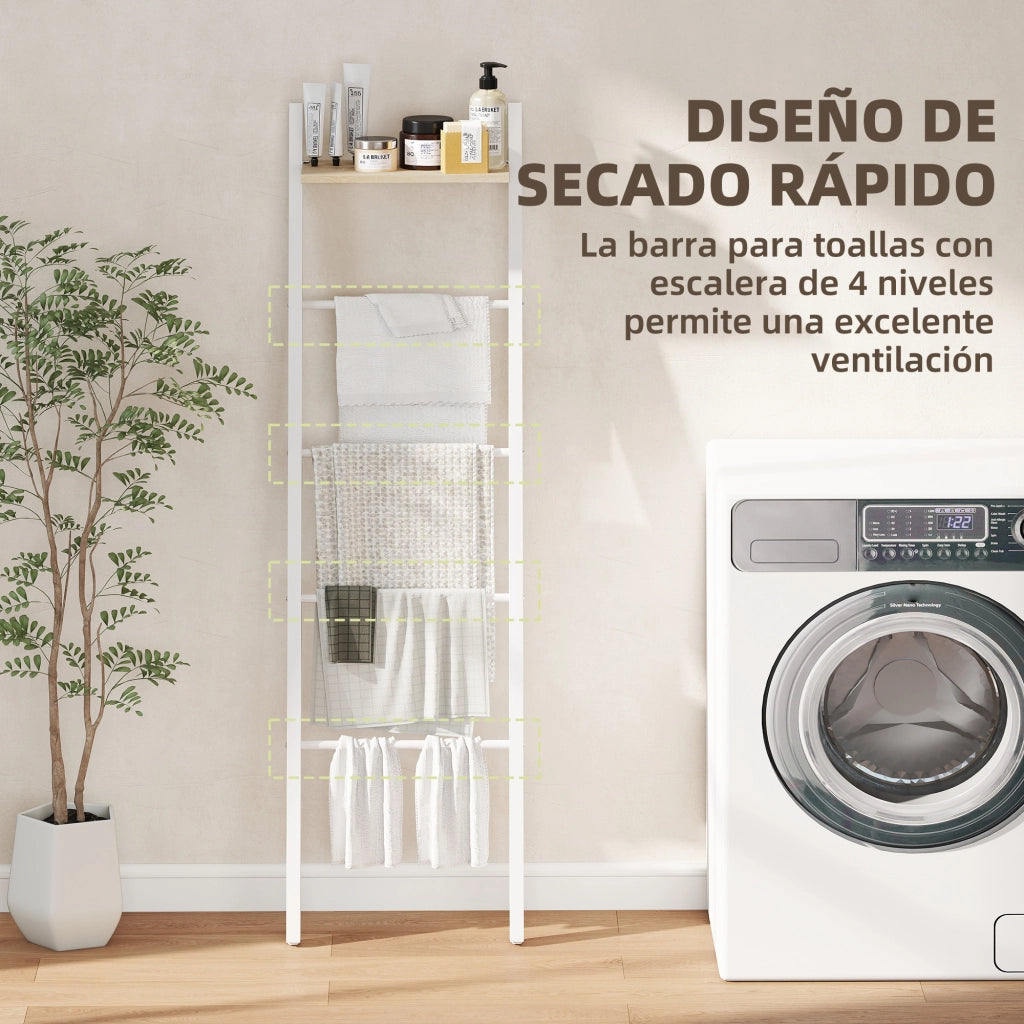 Scala Portasciugamani con Ripiano e 4 Barre ¨C zephmum ¨C Bianco e Rovere 43x20x151 cm
