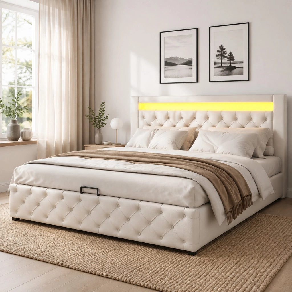 Letto imbottito 140x190 cm con contenitore; rete a doghe; LED; PU bianco