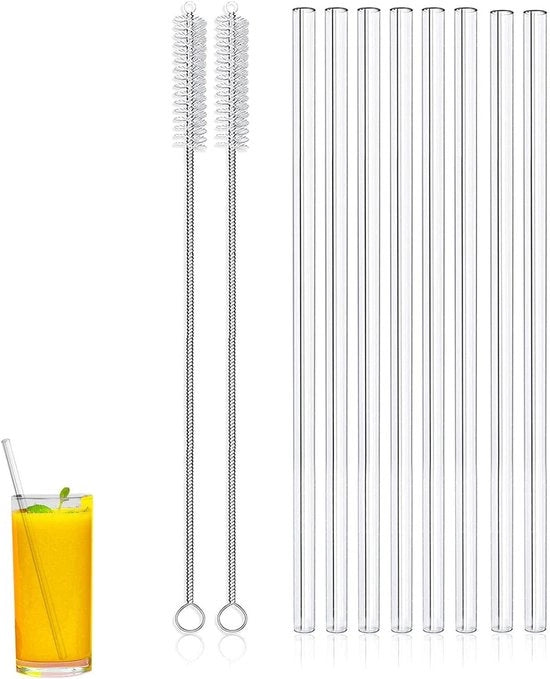 Set di rietelli in vetro riciclabili - Set di 8 rietelli in vetro trasparenti e rettilinei per smoothie, milkshake, cocktail e bevande fredde