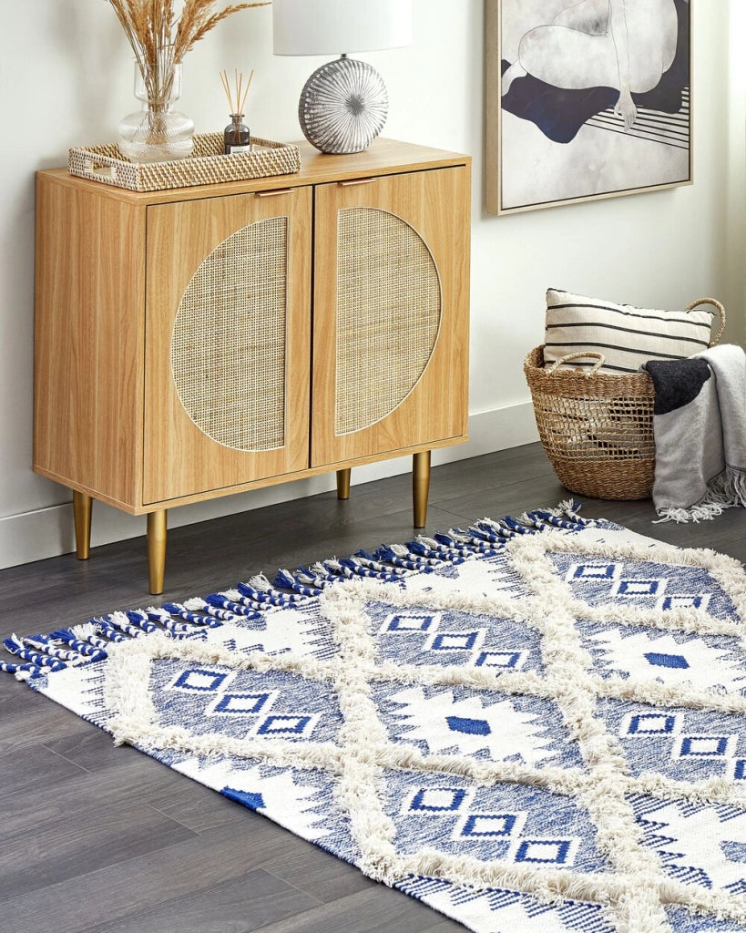 Tappeto in cotone con nappe di colore beige e blu 140 x 200 cm soggiorno camera da letto