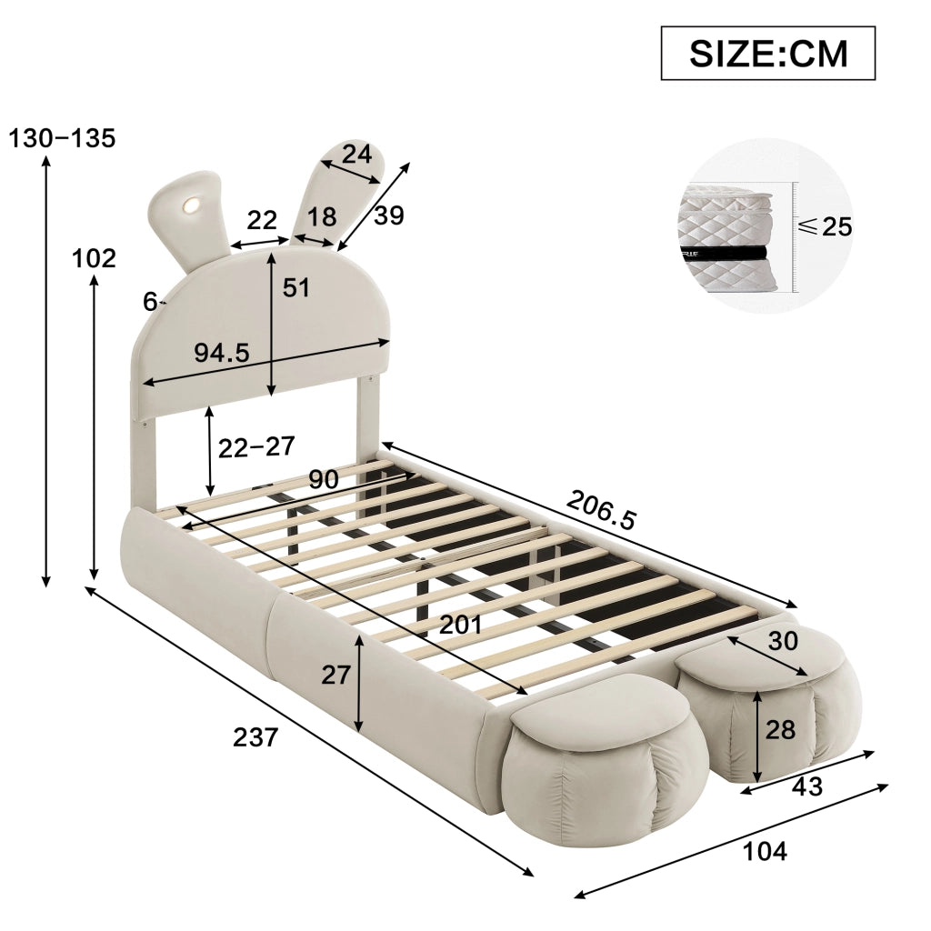 DESMIU Letto per bambini 1 posto con LED regolabile e 2 pouf contenitore, 90 × 200 cm, senza materasso, beige