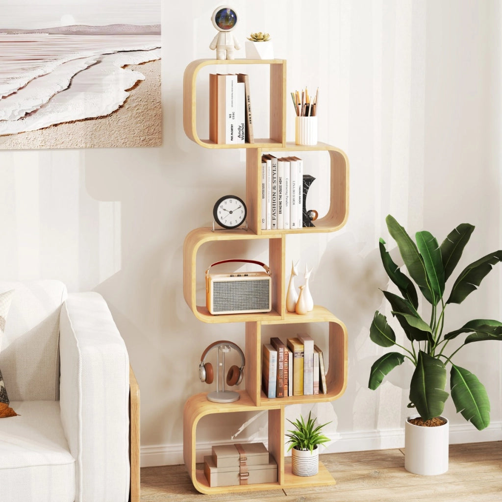 Libreria mensola in bamb¨´ con 5 cubi aperti a 5 livelli a forma di S-Libreria scaffale geometrico angolare esposizione Naturale