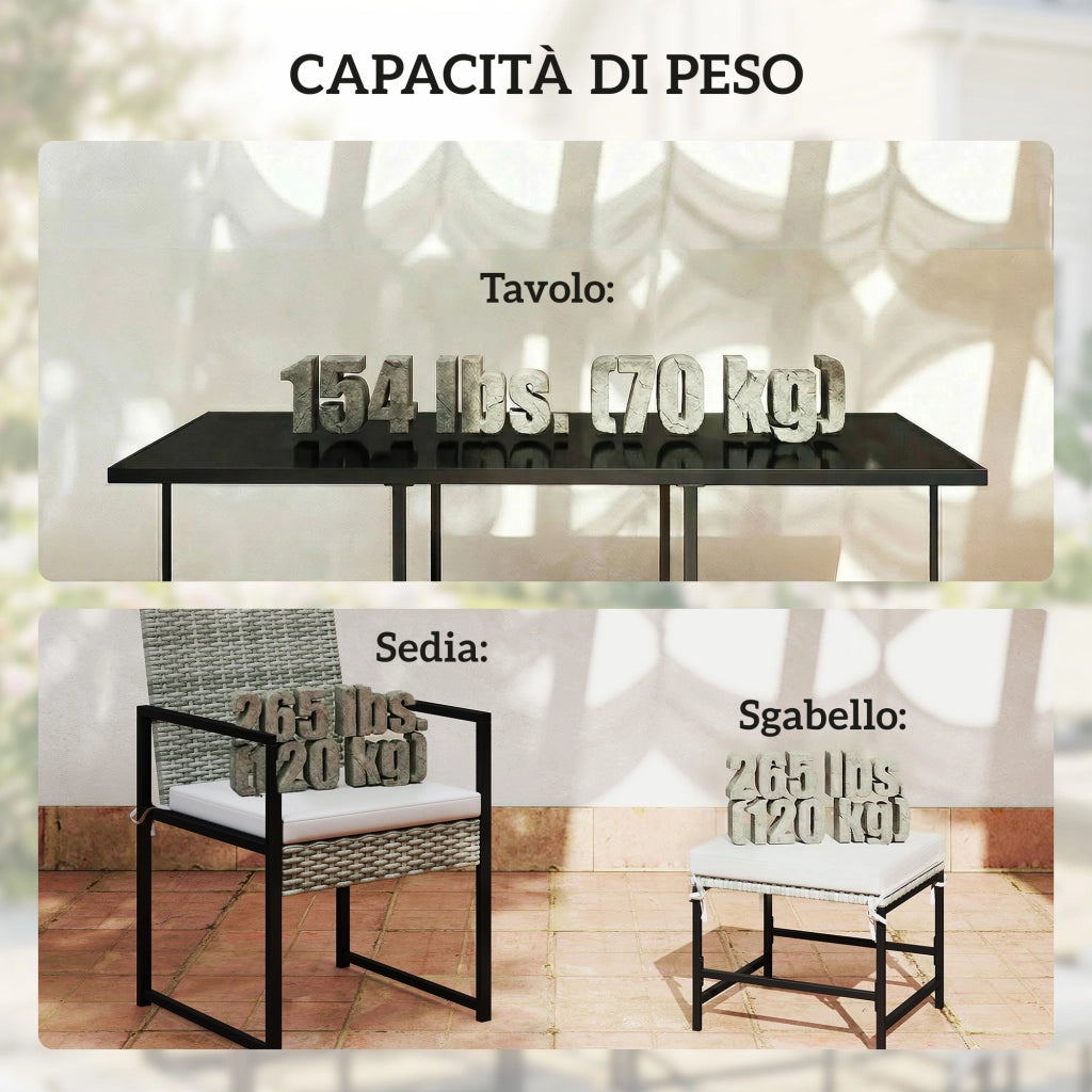 Set 11 Pezzi da Pranzo da Esterno con Tavolo 6 Poltrone e 4 Pouf in Rattan PE Vetro e Acciaio Grigio