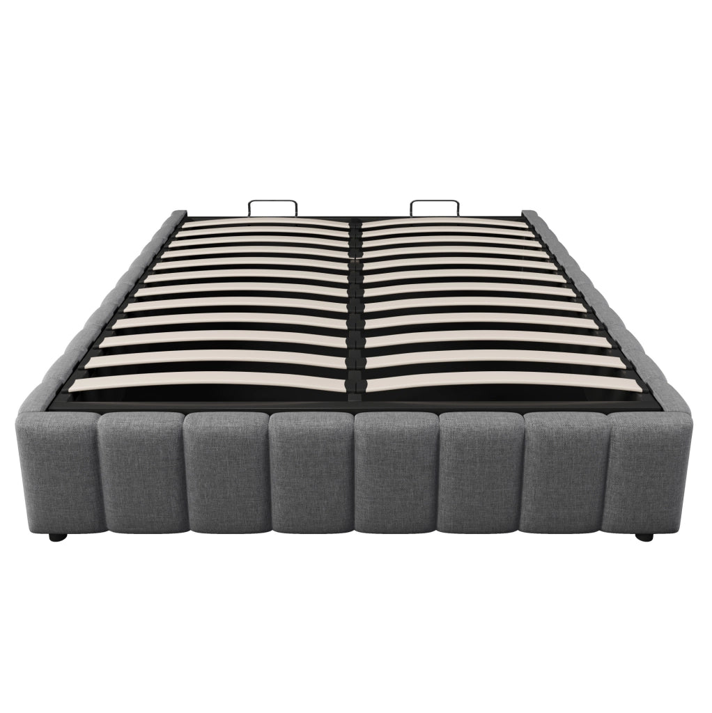 Letto matrimoniale imbottito 140x200 cm in lino grigio con contenitore idraulico; senza testiera