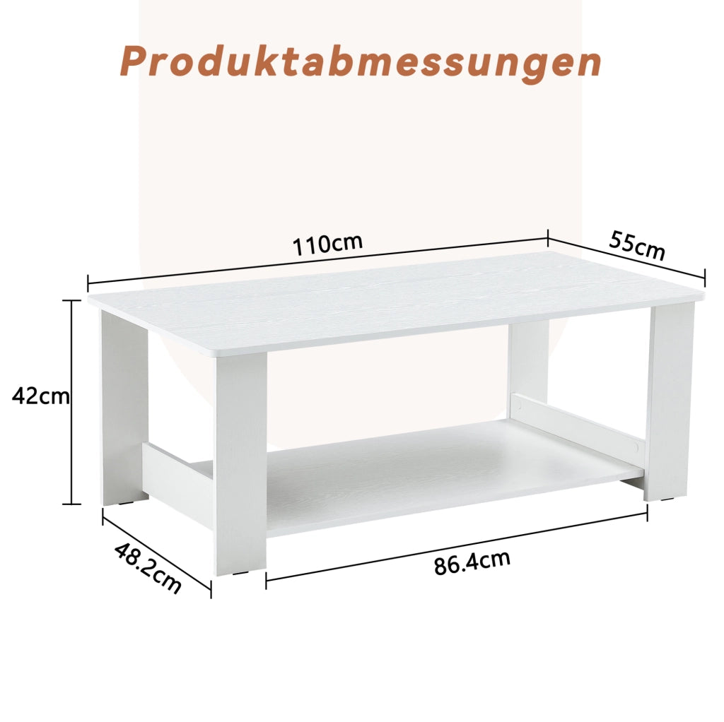 Tavolino da caffè a 2 livelli in MDF bianco 110×55×42 cm