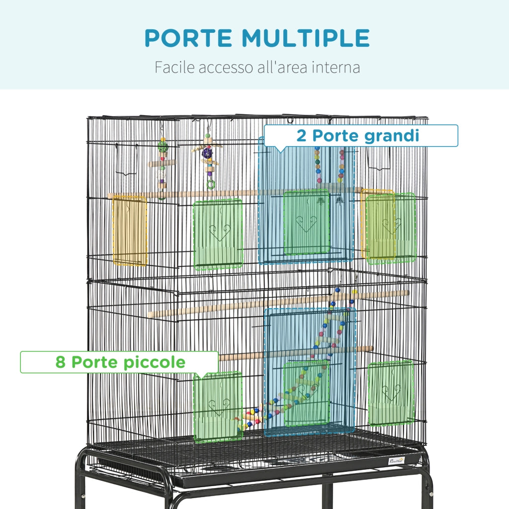 Gabbia per Uccelli in Acciaio con Posatoi e Giochi ¨C zephmum ¨C Nero 79x49x133 cm
