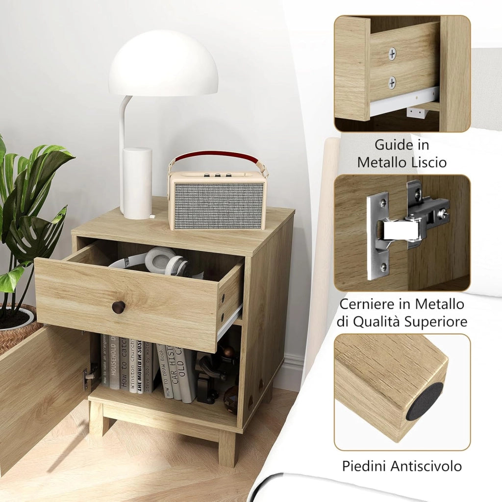 Comodino in Rattan 40 x 39 x 55 cm, Mobile Moderno con Cassetto, Armadietto e Gambe in Legno Massello, Tavolino in Stile Boemia per Camera da Letto, Soggiorno e Salotto (Nero)