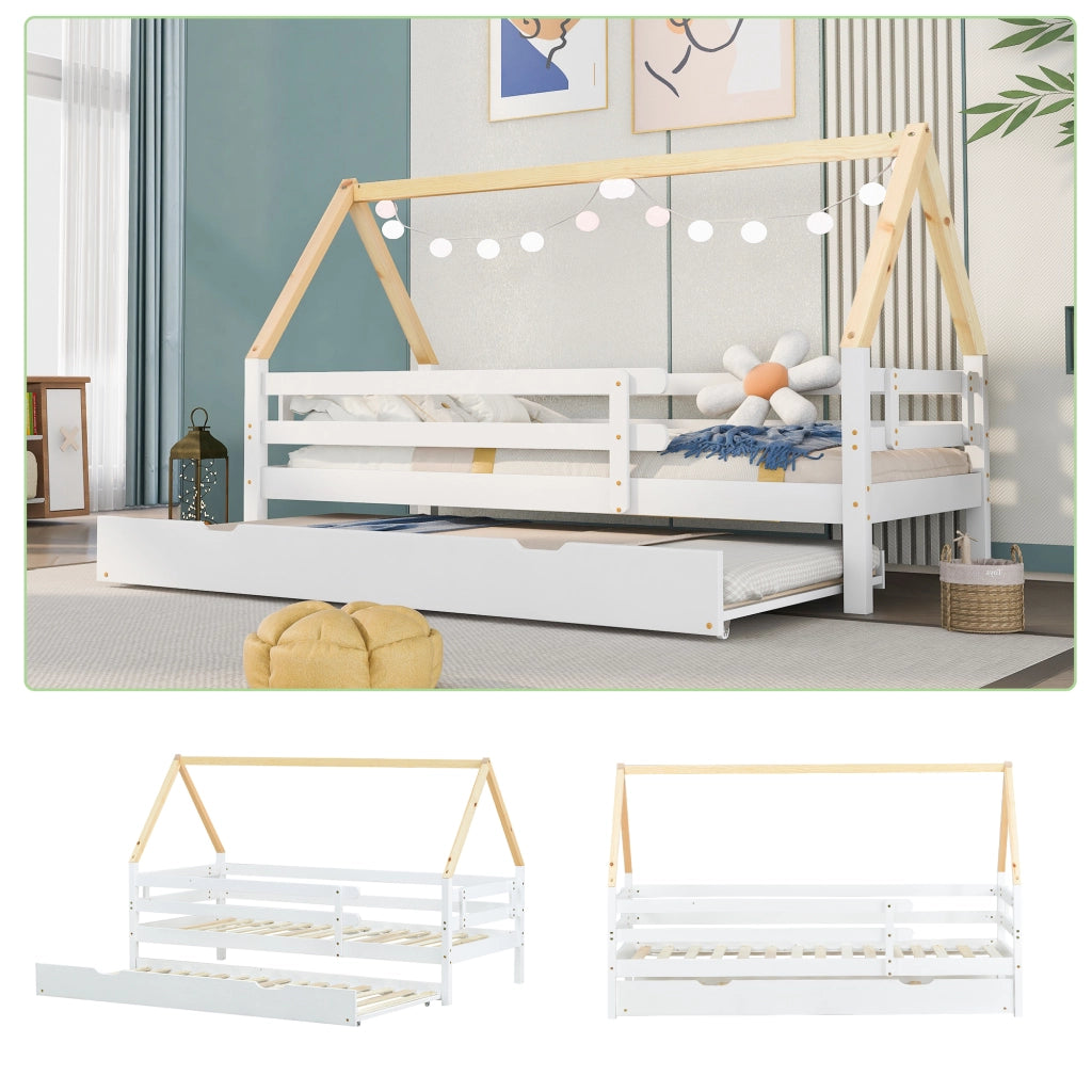 Letto a castello con letto estraibile bianco e naturale in legno massello 90x200 cm