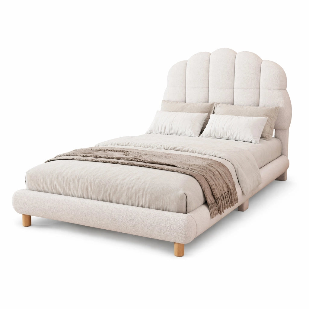 Letto per bambini 90x200 cm in peluche bianco con testiera sagomata, struttura in MDF