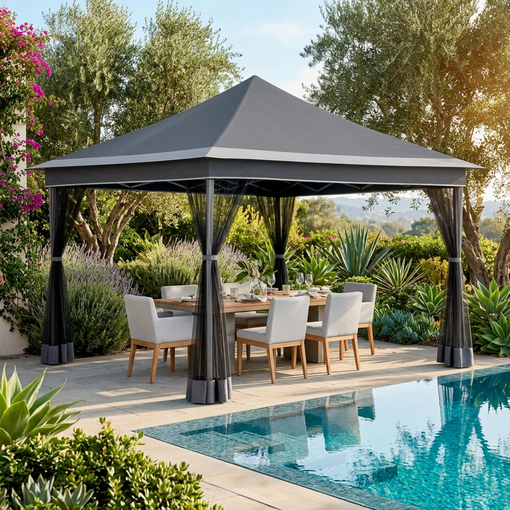 Gazebo Pieghevole Da Giardino Con Teli Zanzariera Laterali Copertura Oxford UV50+ Telaio Regolabile Pop Up Con Borsa Trasporto Outdoor 360 x 360 x 310 Cm Grigio Scuro