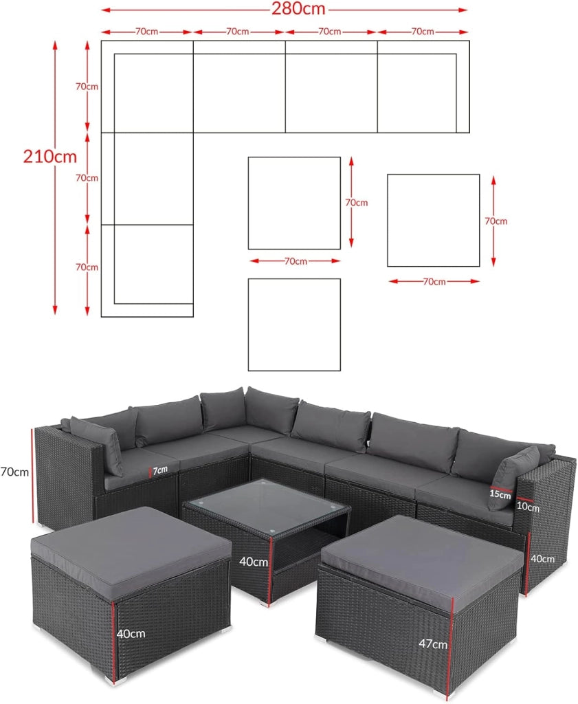 Set Salotto in Polyrattan XL Cuscini Imbottiti Tavolo in Vetro Resistente Mobili da Giardino Salottino Angolo