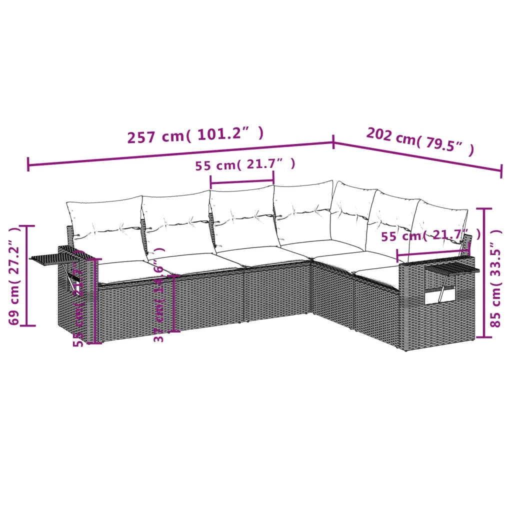 Set Divano da Giardino 6 pz con Cuscini Grigio in Polyrattan