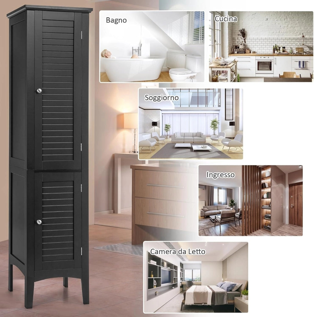 Mobile da Bagno Alto con 2 Ante, Armadio da Terra con 5 Vani, Mobile Colonna per Bagno Cucina Soggiorno, 37 x 37 x 160 cm (Nero)