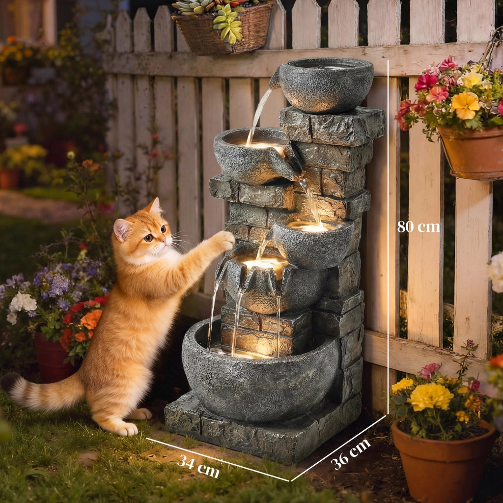 Fontana da Giardino a Cinque Livelli con LED ¨C Zephmum ¨C Effetto Pietra 34x36x80 cm