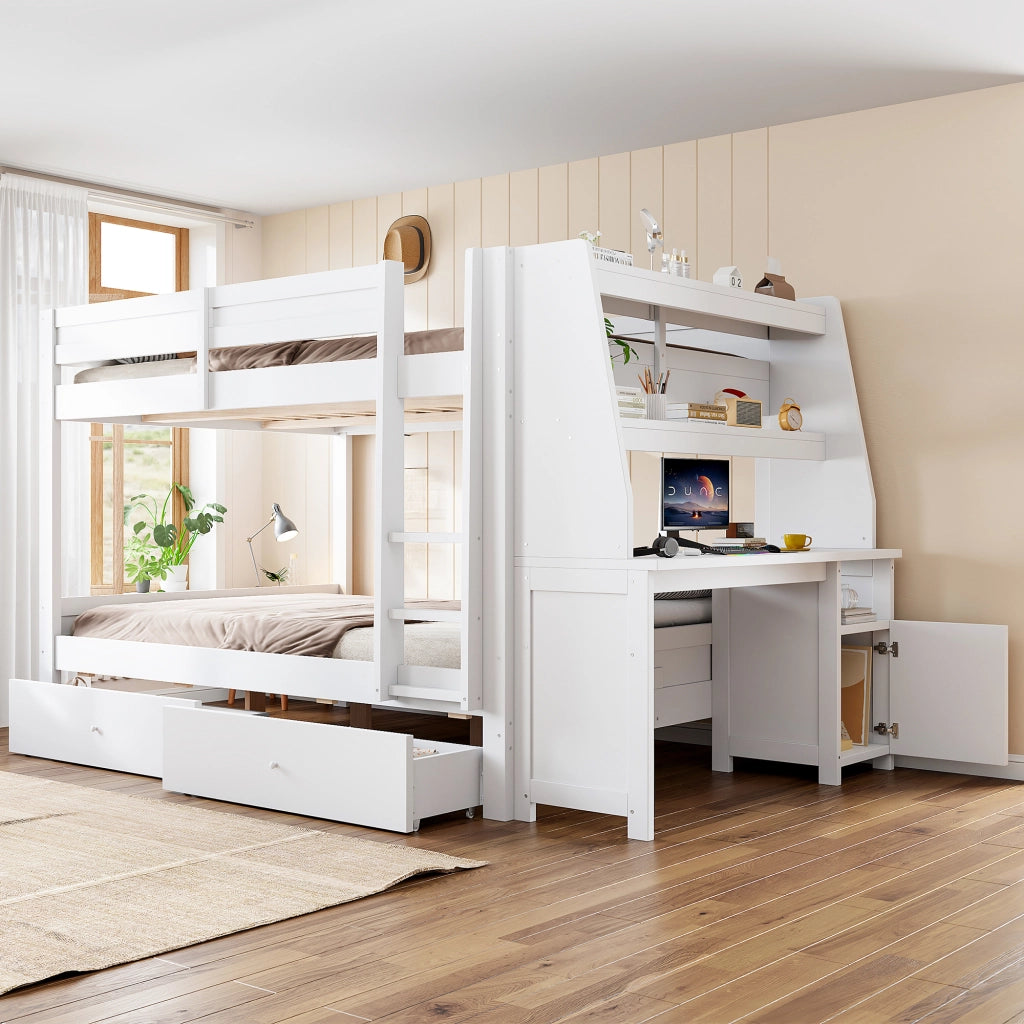 Letto a castello 140×200 cm con scrivania; armadio; ripiani e 2 cassetti; senza materasso; legno; bianco