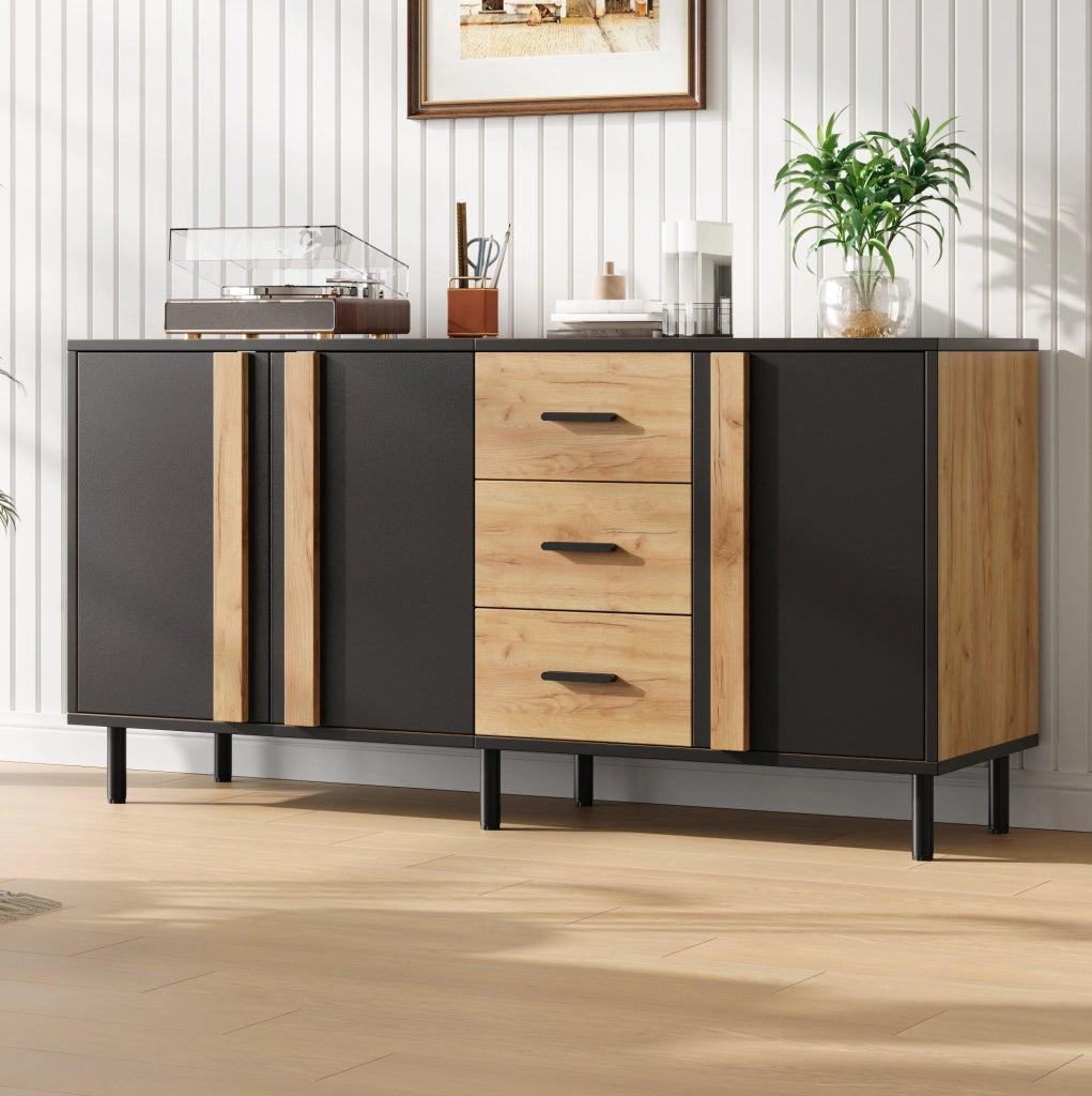 Credenza 140x35x70 cm in MDF con 3 ante e 3 cassetti; nero e effetto legno